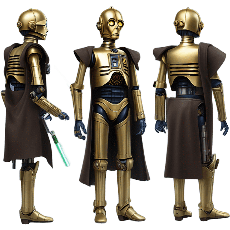 well-equipped jedi first order human-sized darkblue-pearl C3po as a friendly bounty hunter droid wearing a leather attire old west duster coat holding light saber ready to fight but relaxed. antiqued emoji