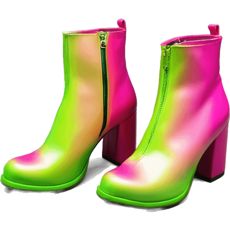 Realistic isolated top view of a pair of hot pink,and lime green ombre shiny vinyl Disco style zippered vintage chunky heel ankle bootie boots.  emoji