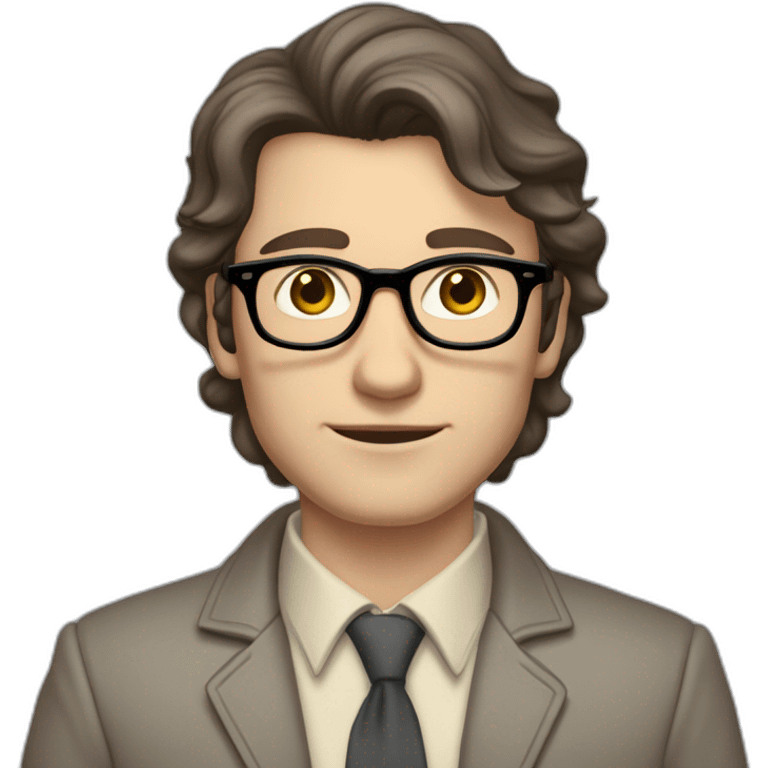 Full height Pale skinned Fit Man With dark brown hair in gray jacket, beige office shirt, tie, Brown pants and vintage glasses. Thrumbs of his palms directed up emoji