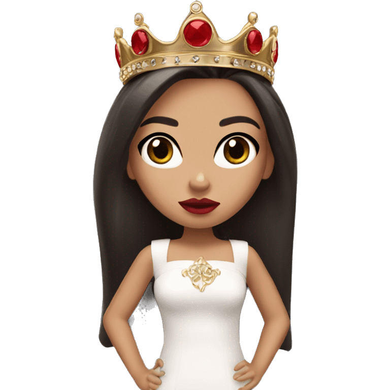 Bratz Girl has straight dark hair and dark brown eyes wearing a crown with red lipstick on her lips emoji