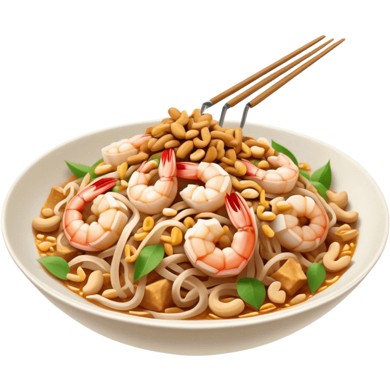 Cinematic Realistic Pad Thai Dish Emoji, depicted as stir-fried rice noodles with shrimp, tofu, peanuts, and bean sprouts rendered with vibrant textures and dynamic, appetizing lighting. emoji