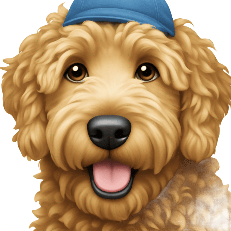 Golden doodle wearing “it’s a boy” hat emoji