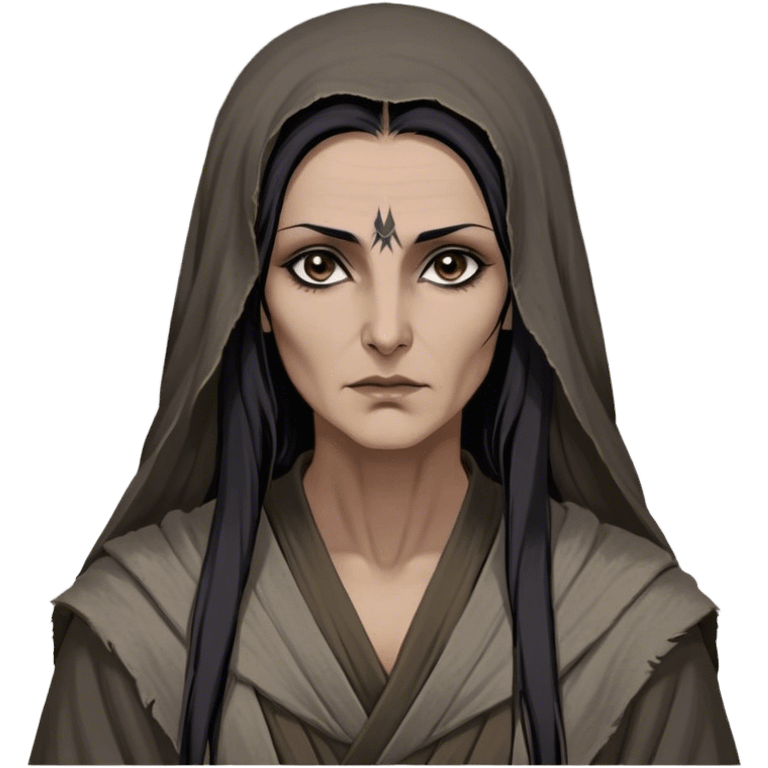 Mirri Maz Duur is a weathered, age 55 Lhazareen woman with deep-set dark eyes, high cheekbones, and a sharp nose, giving her a stern, knowing expression. Her long, unkempt dark hair streaked with gray falls loosely over her shoulders, and her earth-toned, tattered robes mark her as a humble healer. Despite her frail appearance, she exudes an aura of mystery and menace, her hands stained with herbs and blood from both healing and dark sorcery. emoji