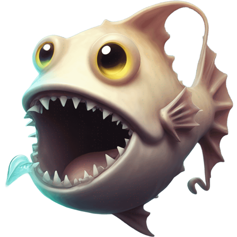 Anglerfish with a glowing lure hanging from its forehead, sharp teeth, and big eyes. emoji