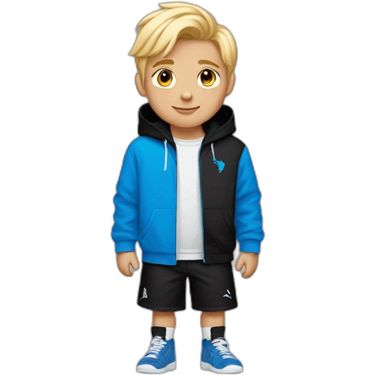 Boy with a black puma hoodie And blue shorts And blonde hair emoji