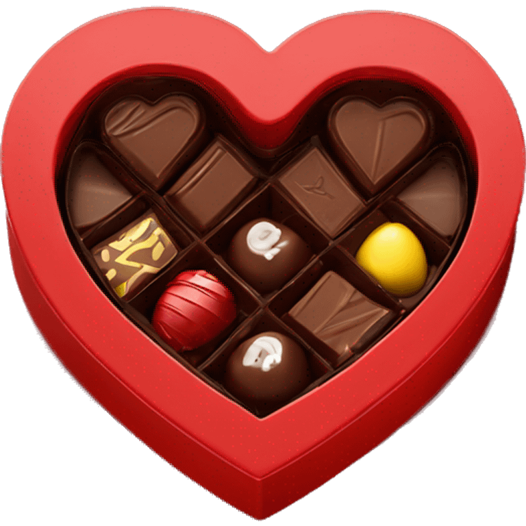 A heart shaped red chocolate box with a lid opened to reveal some chocolates inside emoji