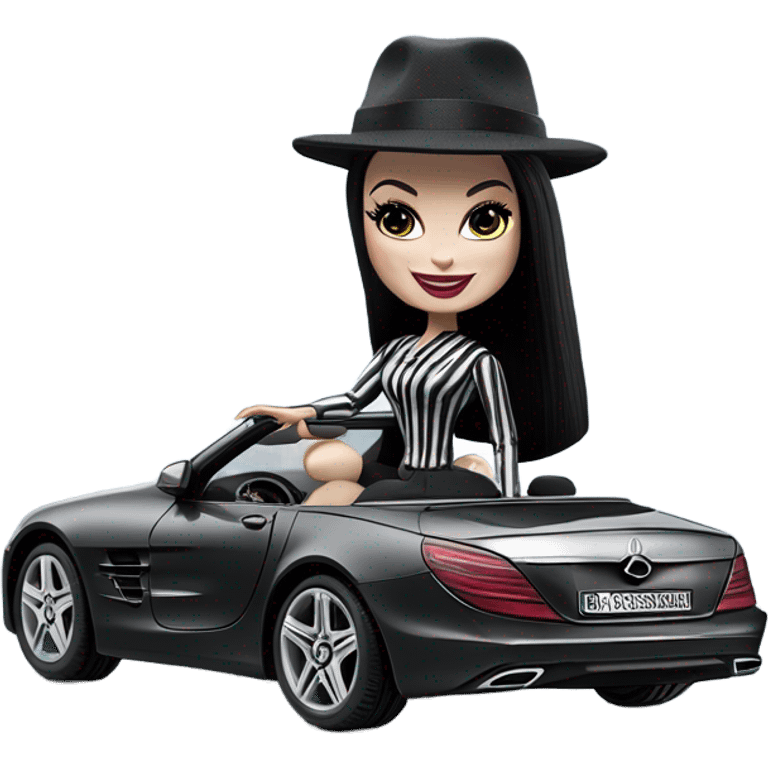 Morticia Addams Barbie, 1910 Morticia Addams from academy, in dark-gray and black striped outfit with hat. Smiling Driving Mercedes convertible sports car. Pale-white porcelain skin.  emoji