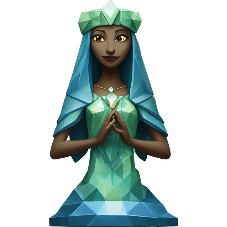 Sculpture oracle priestess with a geometric faceted design with disney features. Oracle of delphi is sparkling and standing upright on a base with angular and flower features. The vibrant blues neutrals and greens highlights the sharp edges and planes.  emoji