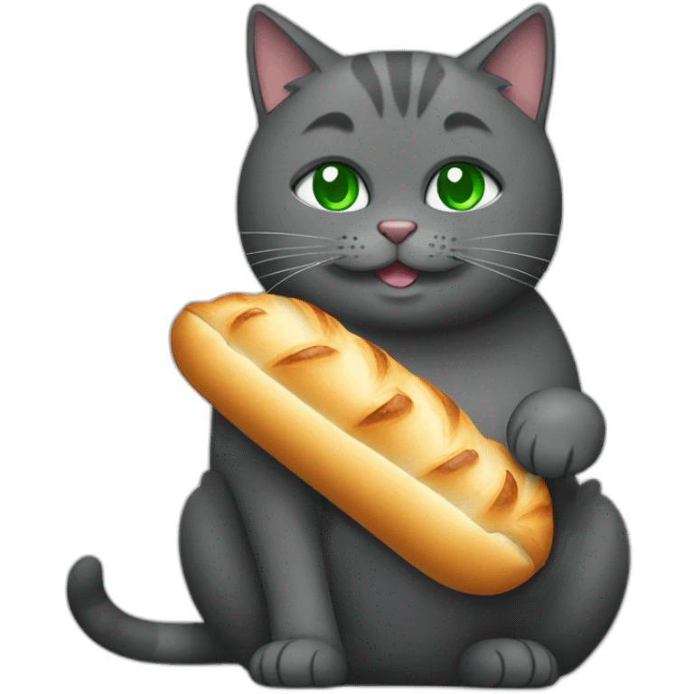 happy dark grey fat cat with green eyes eating a baguette emoji