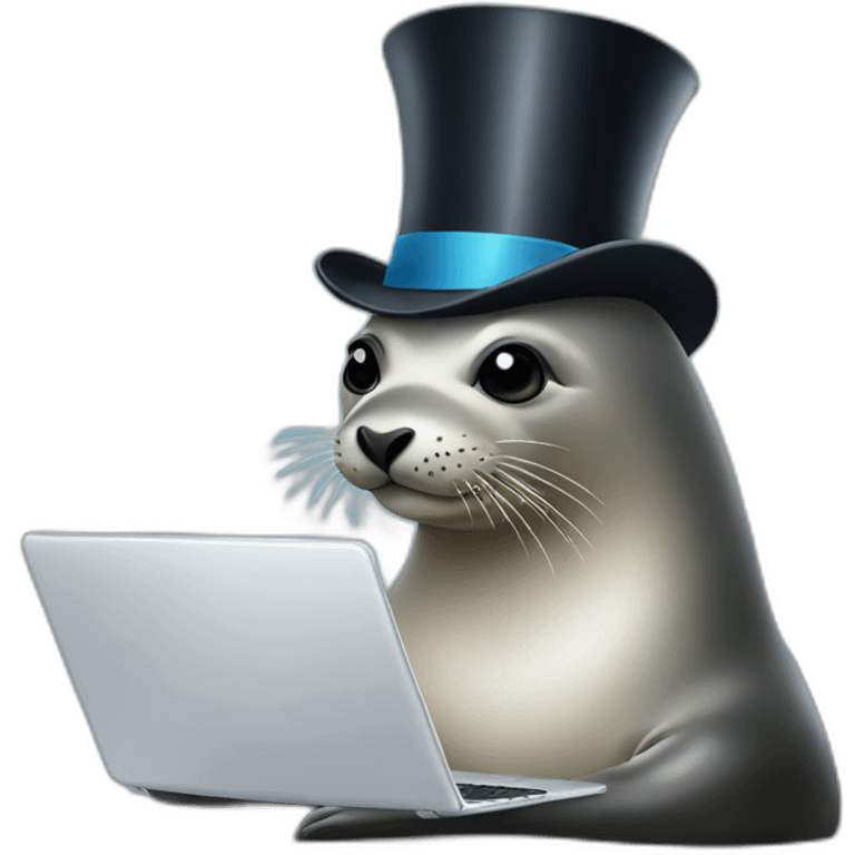 Seal wearing top hat using laptop emoji