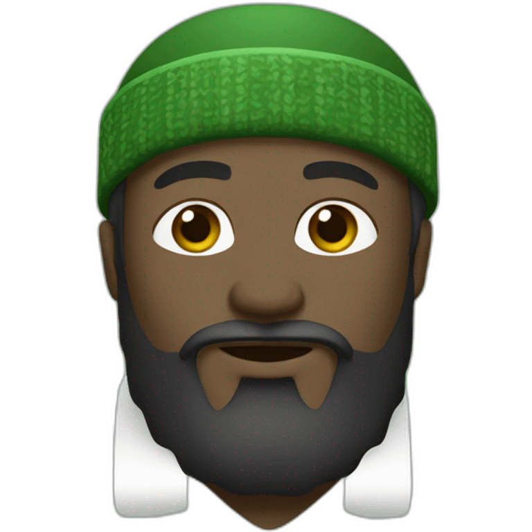 Black man with big beard wearing a green and white kufi face emoji