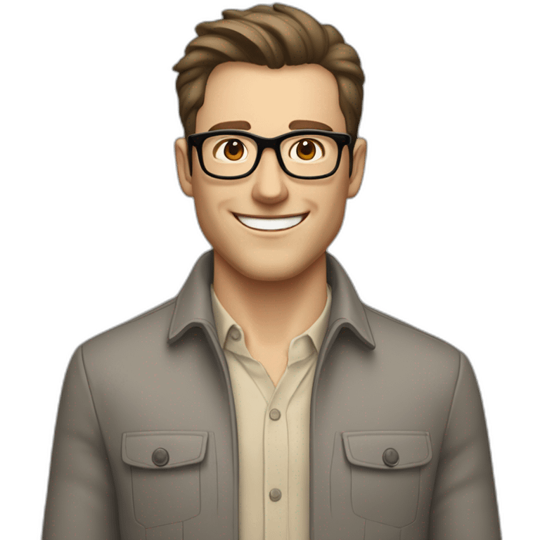 Joyful Pale skinned Fit Man With dark brown hair in gray jacket, beige office shirt, Brown pants and vintage glasses. His thrumbs up emoji