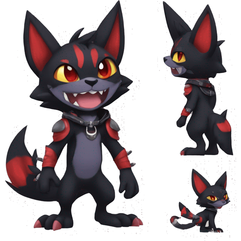 Black Anthro Cool Punk Noibat-Litten-Fakemon-fursona with fangs and red markings Full Body emoji