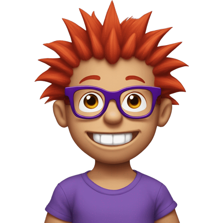 Rugrats, a red-haired baby with spiky hair and only 2 front teeth wearing purple square glasses and a blue shirt with red trim emoji