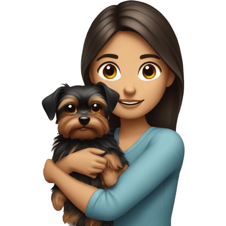 A brunette girl with a Yorkshire terrier in her arms emoji