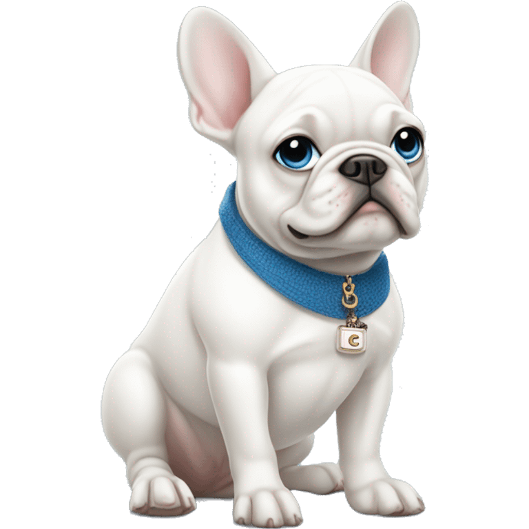 White French bulldog with blue eyes holding a Chanel purse emoji