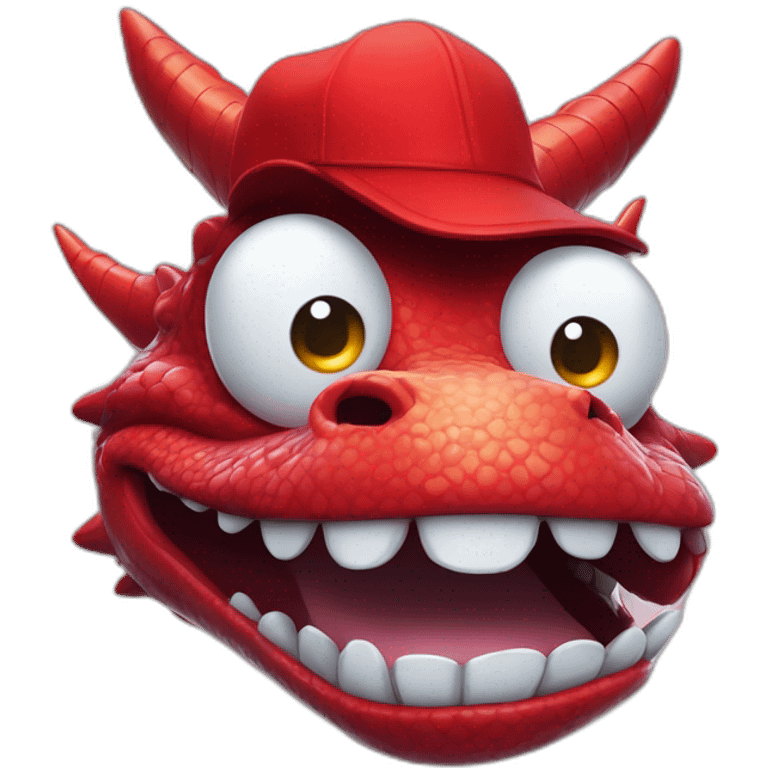 Crazy funny red dragon head with human white teeth and beautiful smile wearing glasses and hat emoji