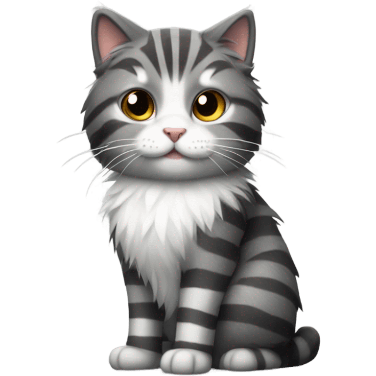 Striped dark grey and white fluffly cat emoji