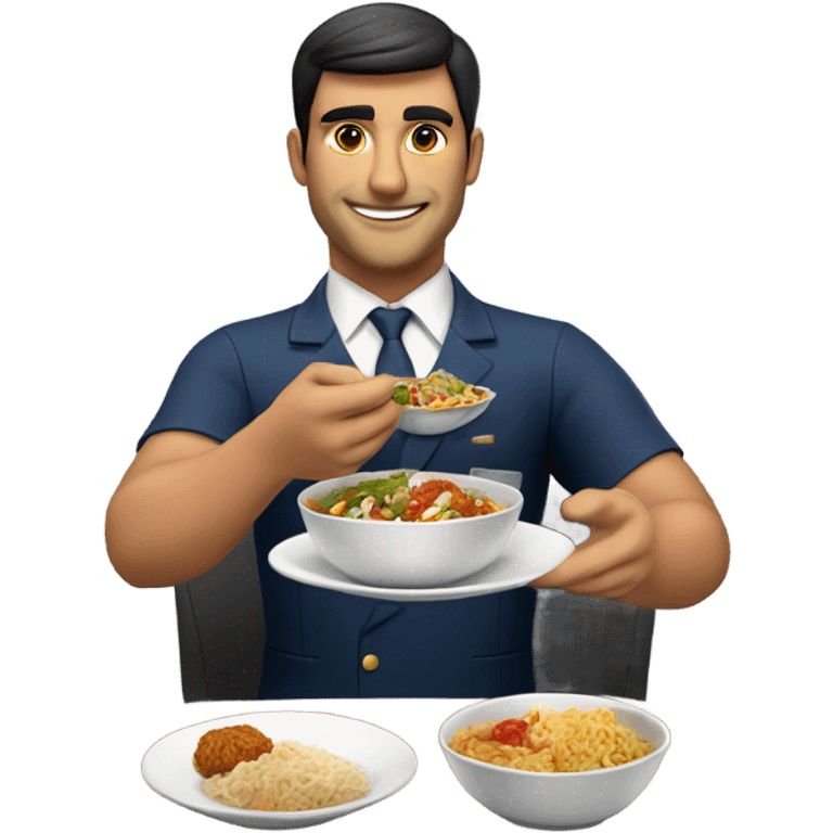 Male Persian Flight attendant eating Chinese food headed to china emoji