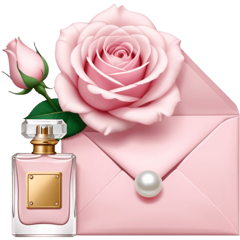 white rose next to a pearl-colored envelope and a flacon of aesthetically pleasing perfume in powder pink  emoji