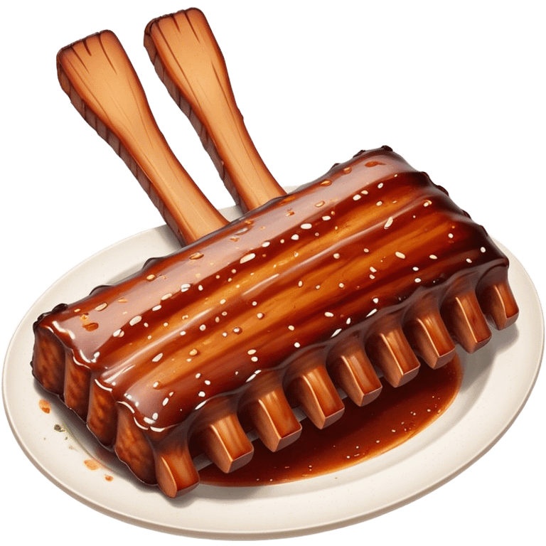 Cinematic Realistic Barbeque Ribs Dish Emoji, depicted as succulent, slow-cooked ribs with a sticky smoky glaze rendered with rich textures and dynamic, appetizing lighting. emoji