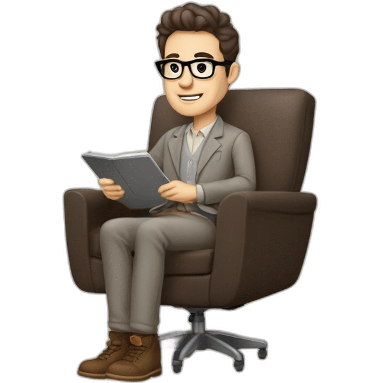 Pale skinned Fit Man With dark brown hair in gray jacket, beige office shirt, Brown pants and vintage glasses sitting In a soft chair with a notebook on spring with emblem Ψ and a pen emoji