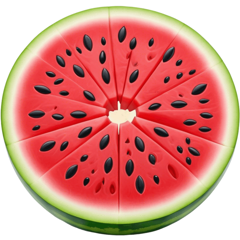 Cinematic juicy watermelon, thick slices revealing vibrant red interior, glossy and glistening with tiny black seeds, fresh and refreshing, soft glowing background, summer vibes. emoji