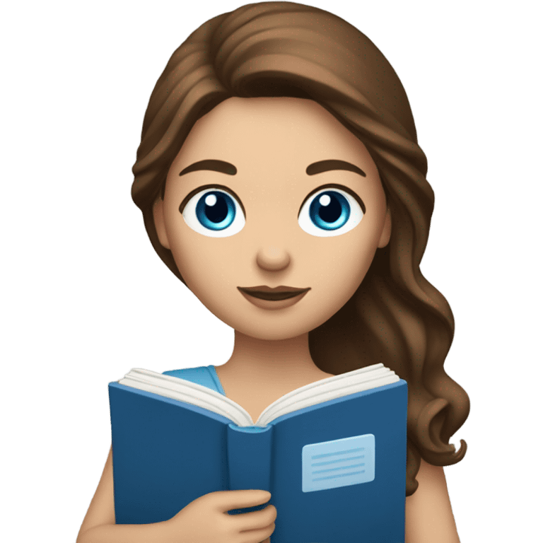 White skin woman with long brown hair, blue eyes, reading a book emoji