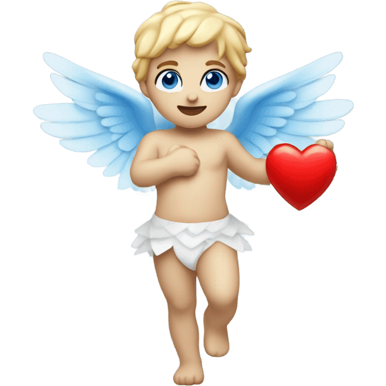 Realistic Photo of flying pale cupid with blue eyes and red heart arrow  emoji