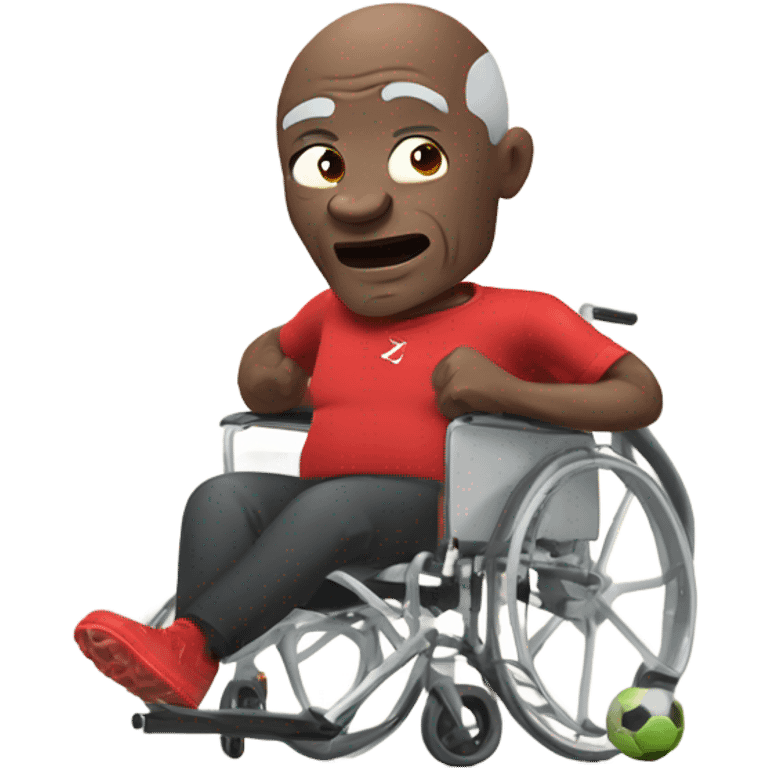 old black bald man with a protruding round pot belly in wheelchair. angry face. grey stubble. he is pointing finger in front. Arsenal soccer shirt. mouth word bubble emoji