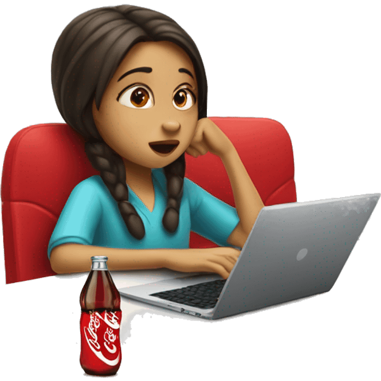 tired girl with laptop drinking coca-cola emoji