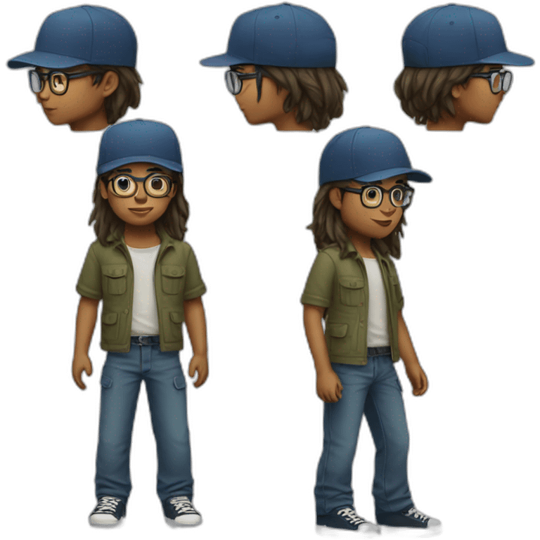 young boy with long hair and cap and Cargo pants and have glasses another hair emoji