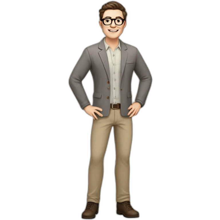 Joyful Full height Pale skinned Fit Man With dark brown hair in gray jacket, beige office shirt, Brown pants and vintage glasses. His thrumbs up emoji