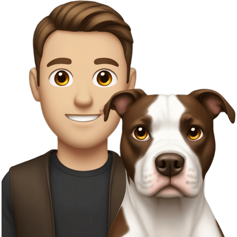 white male with dark brown hair standing alongside a white and brown pitbull emoji