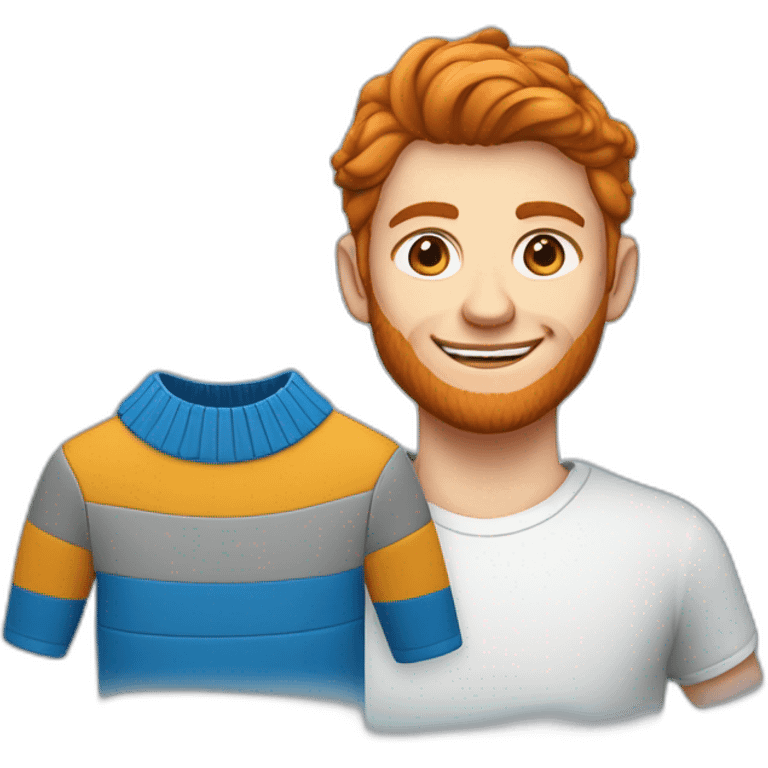 Un jeune homme roux habillée avec un pull bleu et un col blanc emoji