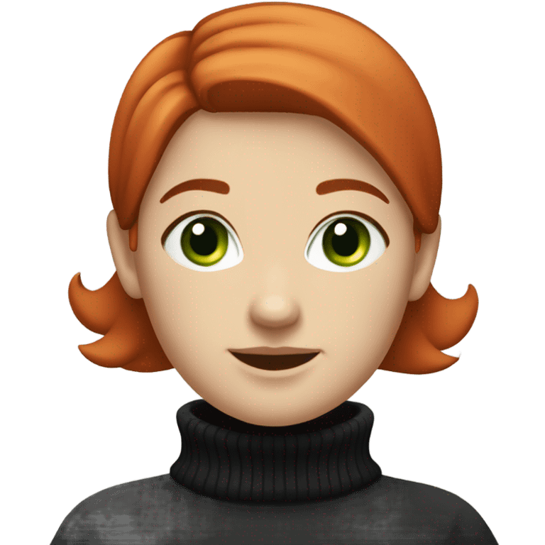 smiling red short haired chubby female with green eyes dressed in white turtleneck and black sweater emoji