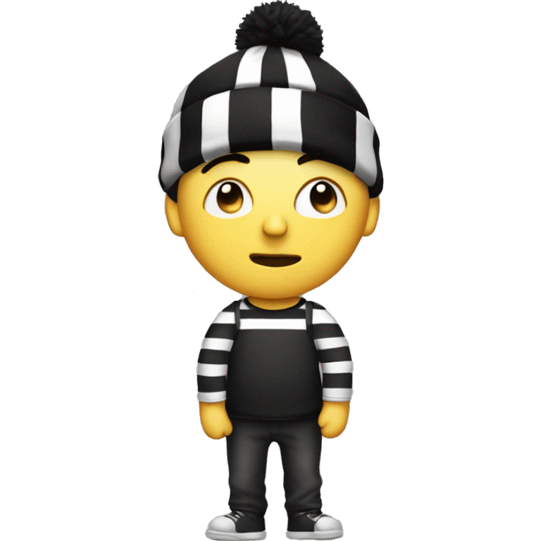 a person with black eye mask, a black beanie, white and black striped shirt with a money bag over his shoulder emoji