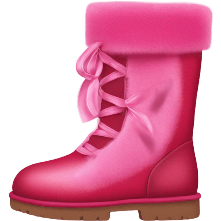 Realistic isolated pair of tall Red Ugg Fur Boots laced up with pink silk ribbon bows and hot pink and light pink heart shaped patches on them. emoji