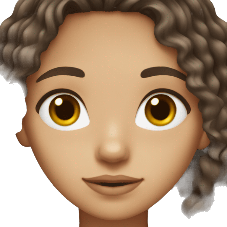 Girl with dark brown defined wavy hair, dark brown eyes and light brunette emoji