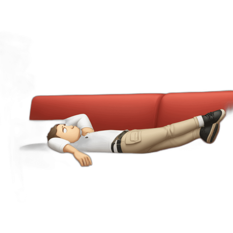 tim robinson very tired laying down on a red couch in a long sleeve white polo shirt, chest up clean shaven, laying flat across couch, arms at side emoji