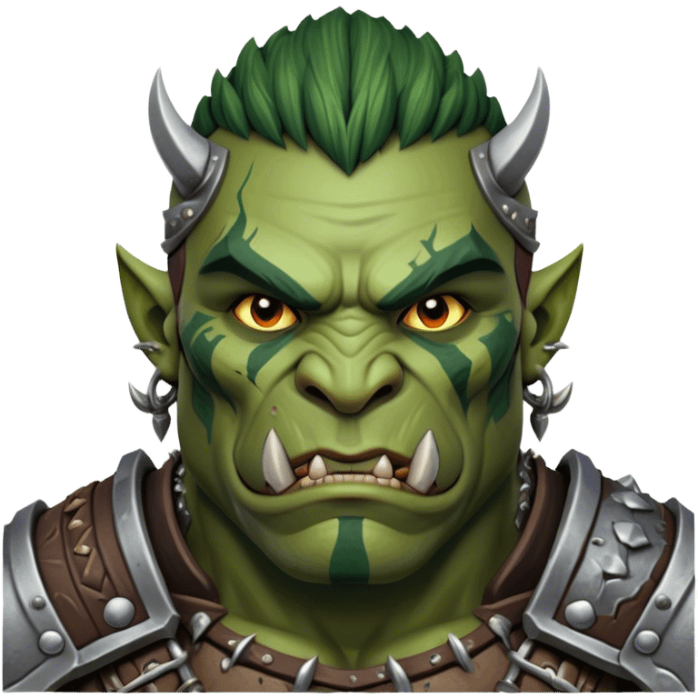 Cinematic Realistic WoW Orc Warrior Portrait, depicted with battle-scarred, rugged green skin and a powerful, muscular build that radiates primal strength. Clad in intricately detailed tribal armor accented with dark leather and iron embellishments in deep, earthy tones, his fierce eyes and determined expression exude honorable might. Rendered with lifelike texture and dramatic natural lighting, high shine, noble and formidable, capturing the essence of a legendary orc champion. emoji