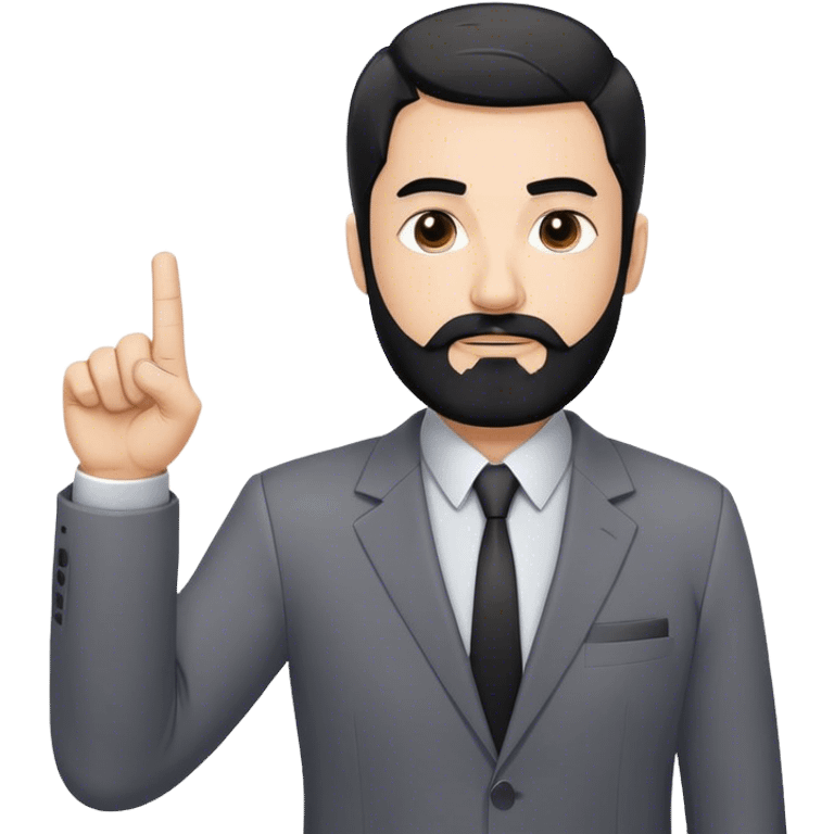 Emoji-style cartoon man, 50s, black beard with gray streaks, wearing a business suit. Raises right index finger upward (↑) to signal 'attention!' Simple design, bold lines, minimal details emoji