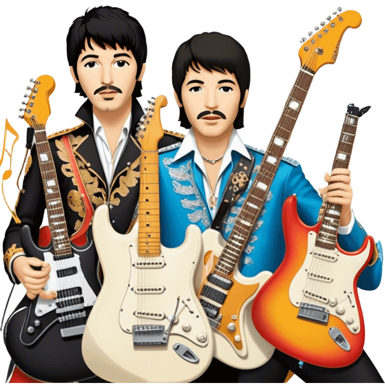 Rock music icon: collage of legendary rock stars—The Beatles, Jimi Hendrix, Elvis Presley, Queen, Nirvana, Led Zeppelin. Electric guitars, amplifiers, and microphones surrounded by vibrant stage lights and musical notes. Transparent background. emoji