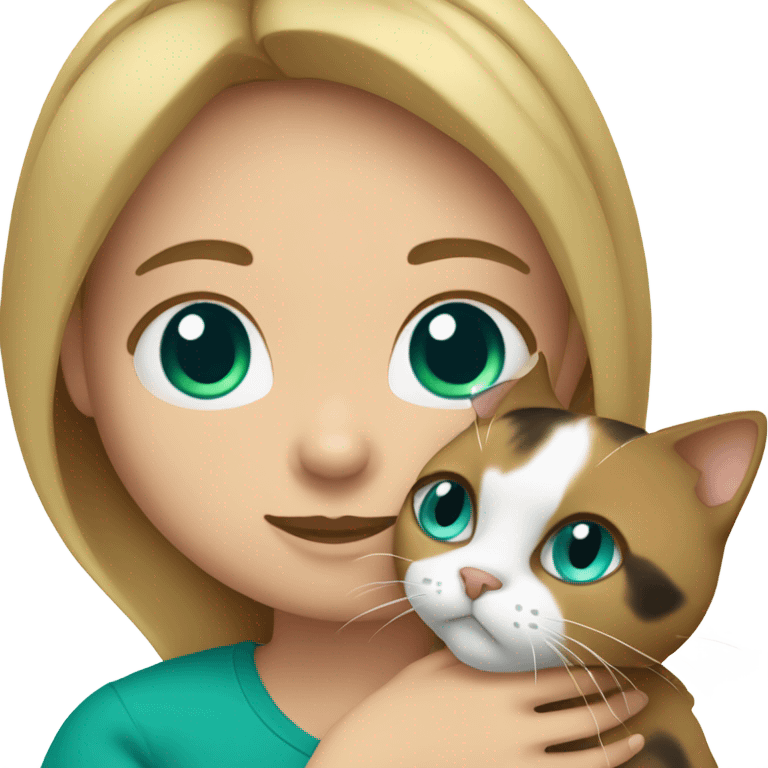 White dark blonde girl with teal eyes snuggling a small calico cat emoji