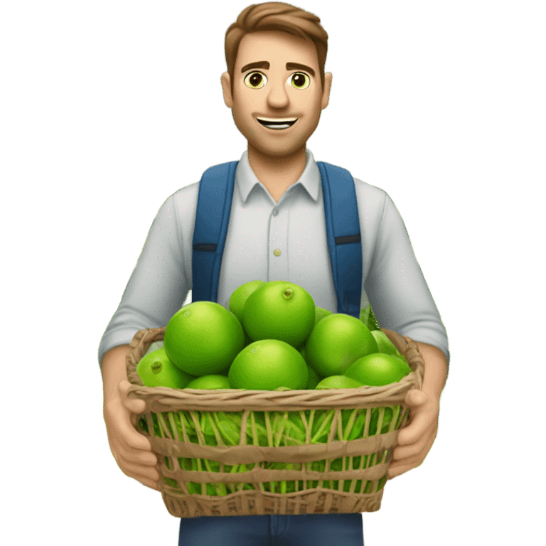 A white man with brown hair and tall carrying many limes in his hands in a supermarket. Make it so the limes are nearly overflowing the basket. emoji