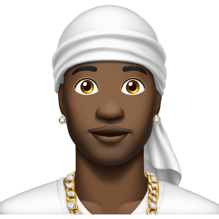 a black rich man wearing a white durag, white shirt, diamond earrings and diamond chain emoji