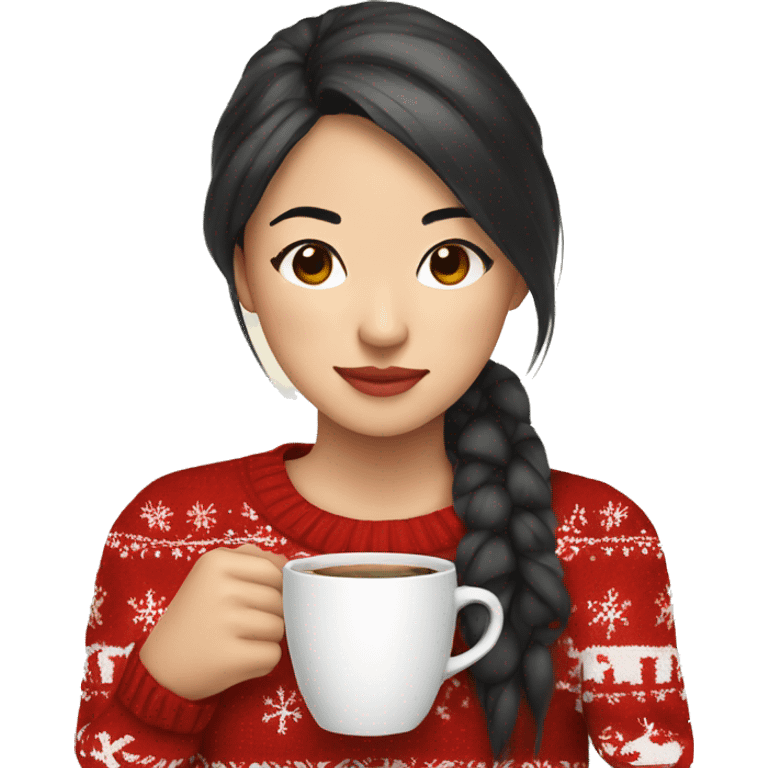 asian girl drinking coffee wearing Christmas sweater emoji