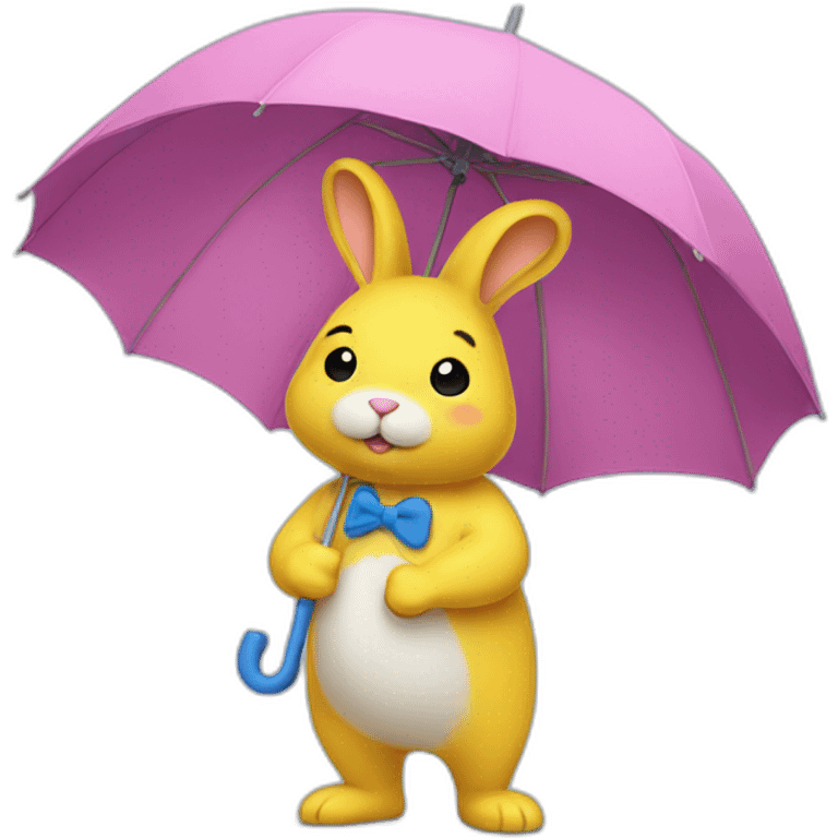 Pink rabbit wearing yellow tee shirt and blue umbrella emoji