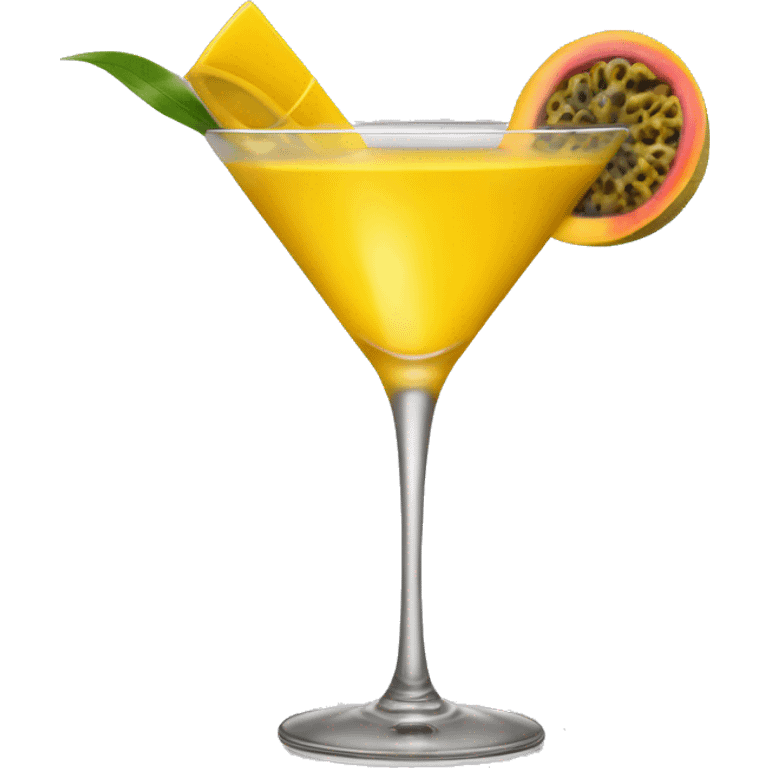 A yellow cocktail in a rounded martini glass with a passion fruit garnish emoji