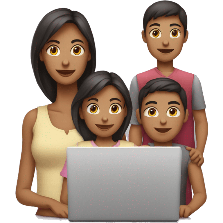 mulher com computador e filhos perto emoji